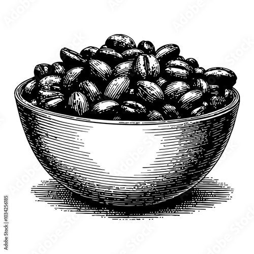 Coffee Beans in Bowl Detailed Black and White Outline Line Art Drawing with Engraving Style