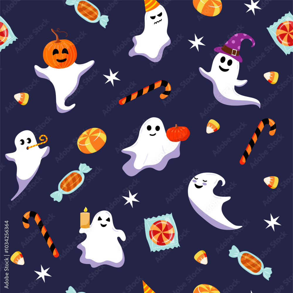 Vector seamless pattern. Cute halloween ghost and candy. Different funny characters on purple background. Vector seamless pattern. Cute halloween ghost and candy. Different funny characters on purple background.