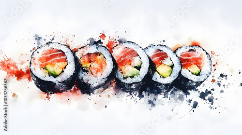 Fotografie Sushi Watercolor Delight, vibrant watercolor sushi artwork, colorful blotches, e