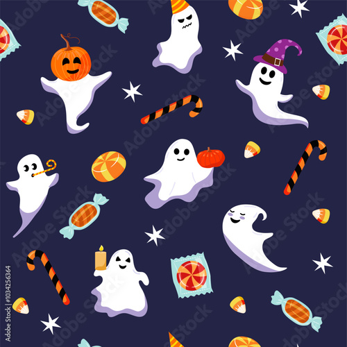 Vector seamless pattern. Cute halloween ghost and candy. Different funny characters on purple background.