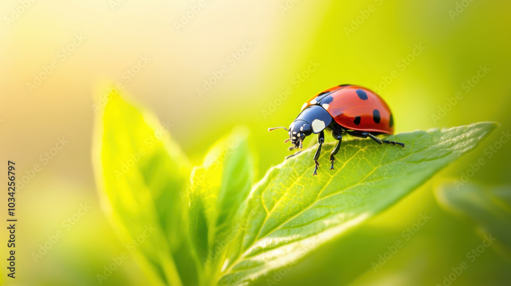 A vibrant ladybug rests gracefully on a green leaf under warm sunlight in nature's embrace A vibrant ladybug rests gracefully on a green leaf under warm sunlight in nature's embrace