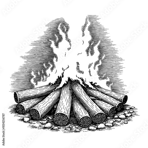 Campfire with Flames and Logs in Detailed Black and White Outline Line Art Drawing