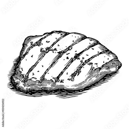 Grilled Chicken Breast in Vintage Black and White Outline Line Art Drawing with Detailed Features
