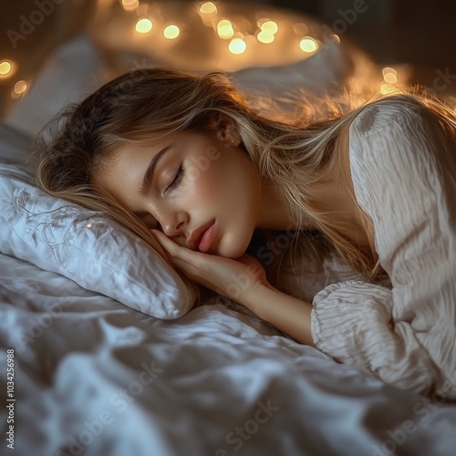 Feeling calmness. Sleepy female keeping eyes closed while dreaming about future vacation or sleeping at the bedroom. Stock photo #1034256988