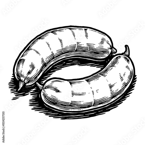 Grilled Sausage Illustration in Detailed Black and White Outline Line Art Drawing Style