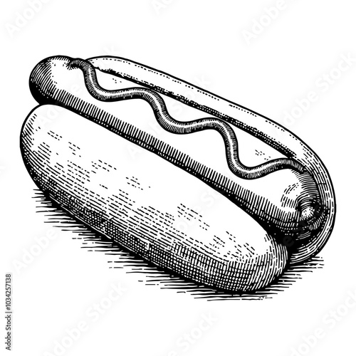 Hotdog Sandwich in Vintage Style Black and White Outline Line Art Drawing with Details