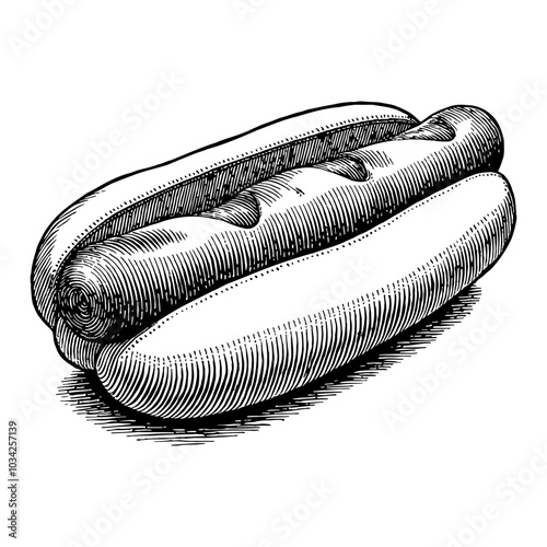 Hotdog Sandwich in Retro Detailed Black and White Outline Line Art Drawing with Classic Style