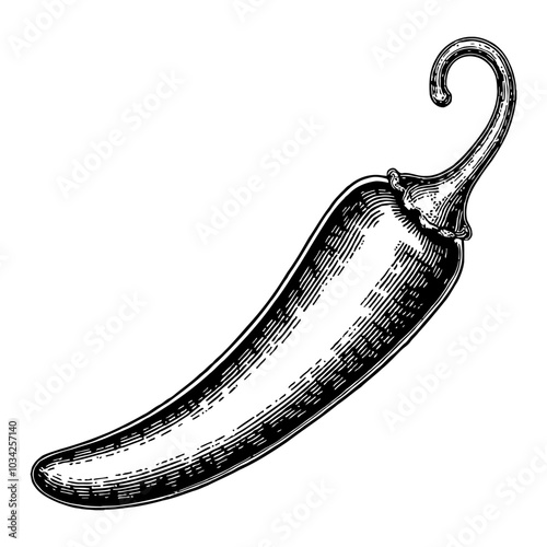 Jalapeno Pepper in Vintage Black and White Outline Line Art Drawing with Detailed Texture