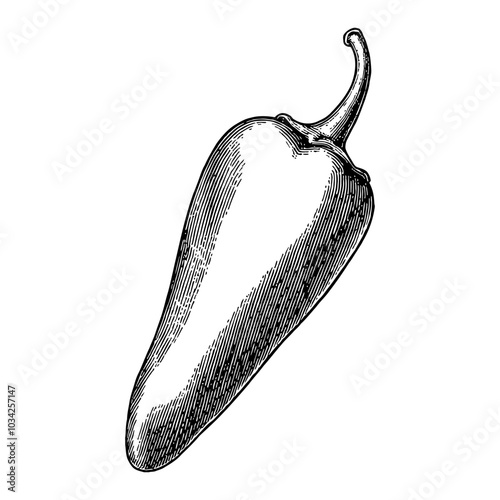 Jalapeno Pepper with Stem Detailed Black and White Outline Line Art Drawing