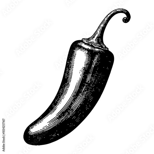 Jalapeno Pepper in Detailed Black and White Outline Line Art Drawing with Retro Style