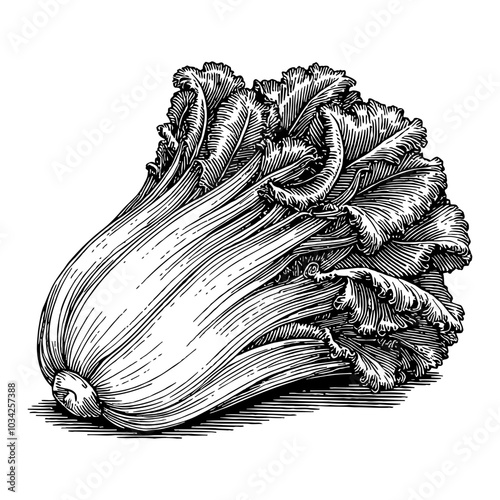 Lettuce Illustration with Detailed Leaves in Black and White Outline Line Art Drawing Style