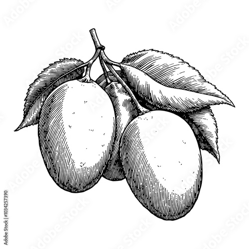 Mango Fruit with Leaves in Detailed Black and White Outline Line Art Drawing Illustration