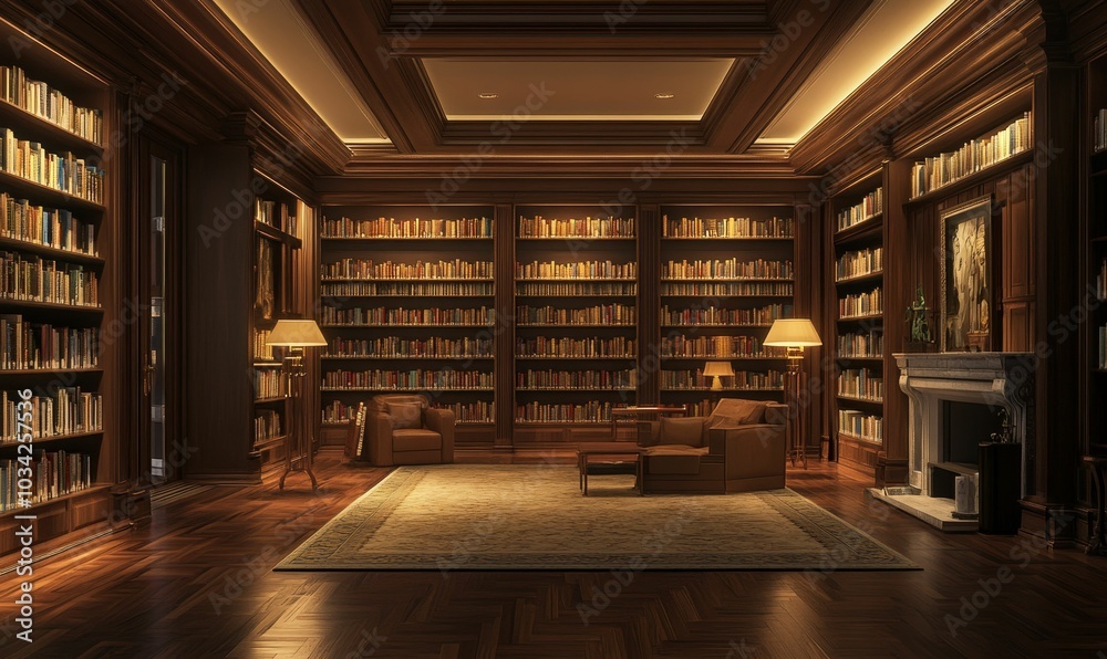 Elegant library with wood floors, bookshelves, and chairs. Elegant library with wood floors, bookshelves, and chairs.