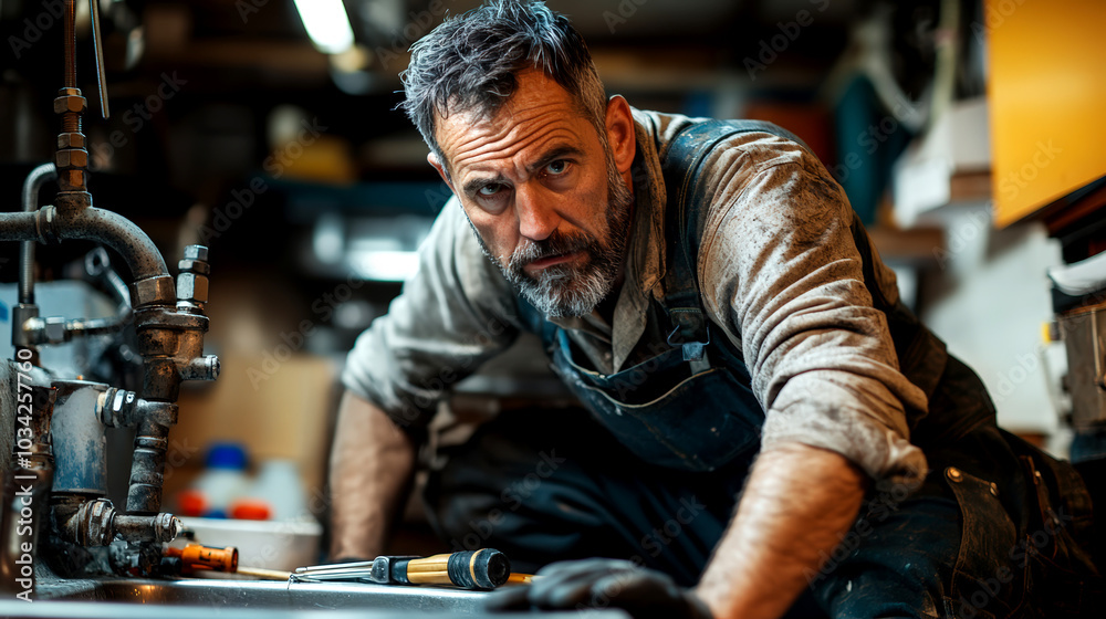 Experienced Plumber Focused on Repair Work in a Workshop Setting Experienced Plumber Focused on Repair Work in a Workshop Setting