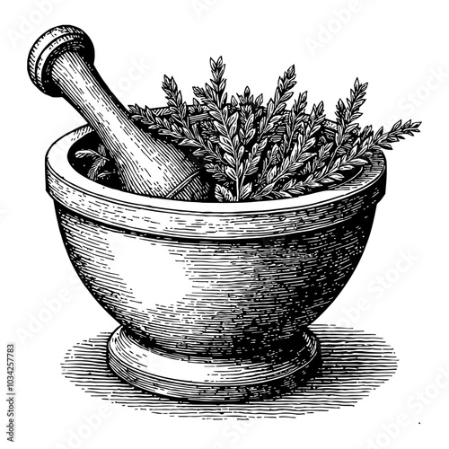 Mortar with Detailed Herb Arrangement Black and White Outline Line Art Drawing Design