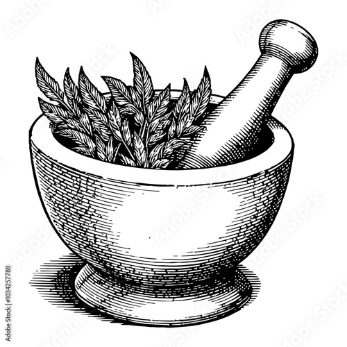 Mortar with Herbs in Classic Black and White Outline Line Art Drawing for Herbal Illustration