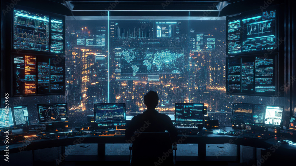Data Analyst Monitoring Multiple Screens in Futuristic Control Room Environment Data Analyst Monitoring Multiple Screens in Futuristic Control Room Environment