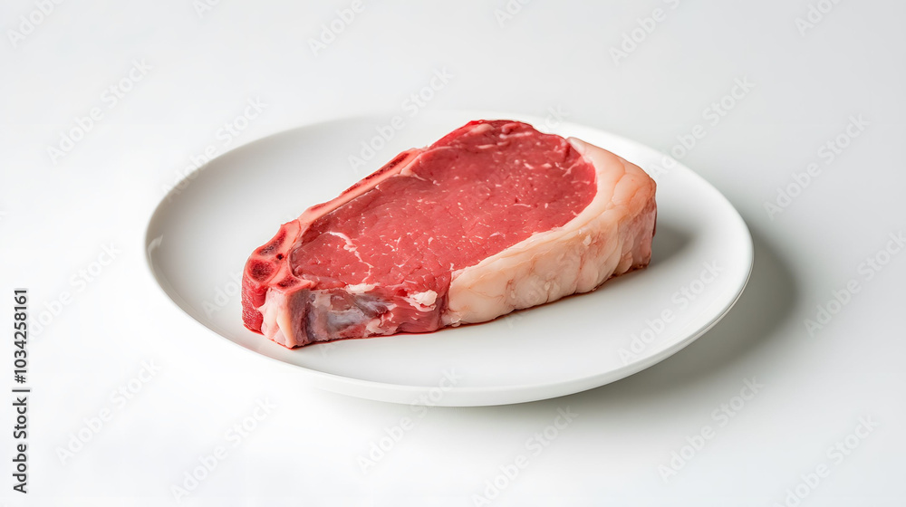 Raw steak on a white plate, minimalist presentation, fresh and appetizing, ideal for culinary displays or gourmet menus Raw steak on a white plate, minimalist presentation, fresh and appetizing, ideal for culinary displays or gourmet menus