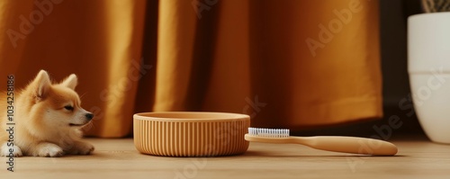 Orange puppy laying down, bowl, brush, wooden floor. photo