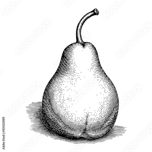 Pear Fruit in Detailed Vintage Black and White Outline Line Art Drawing with Shadow Effect