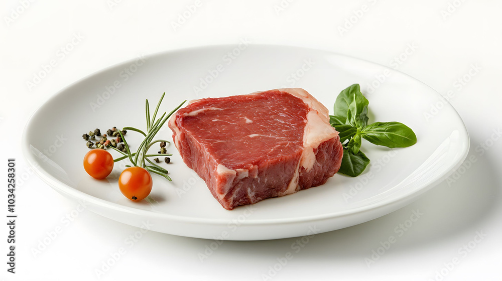 Fresh Raw Steak on White Plate with Clean Background, High Definition Display of Culinary Quality and Texture Fresh Raw Steak on White Plate with Clean Background, High Definition Display of Culinary Quality and Texture