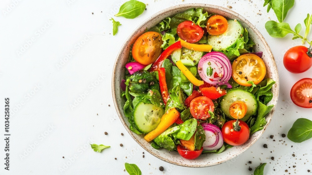 A bright and colorful salad bowl with a mix of healthy vegetables, isolated on a white background A bright and colorful salad bowl with a mix of healthy vegetables, isolated on a white background