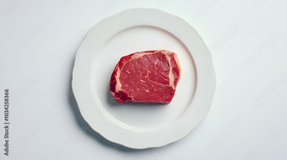 Fresh raw steak on a pristine white plate, contrasting colors showcase quality and texture, inviting culinary creativity and presentation