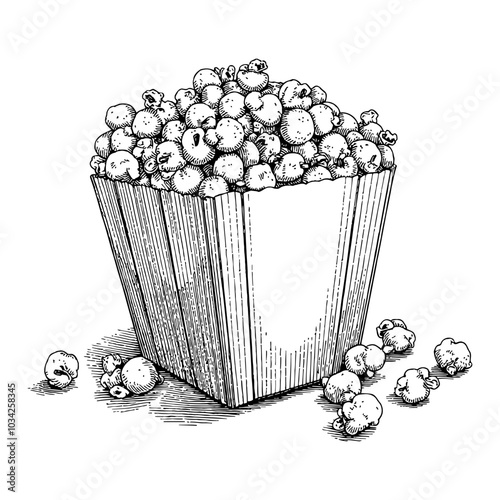 Popcorn in Vintage Box with Detailed Black and White Outline Line Art Drawing of Snacks