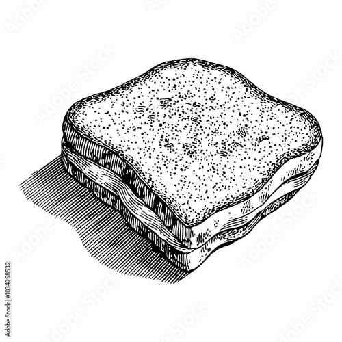 Toasted Bread Slice Detailed in Black and White Outline Line Art Drawing with Shadow Effect