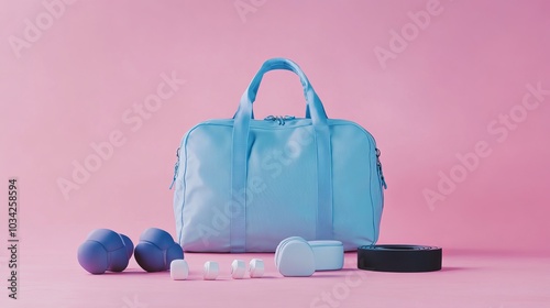 Blue sports bag and sports accessories on pink background and view 