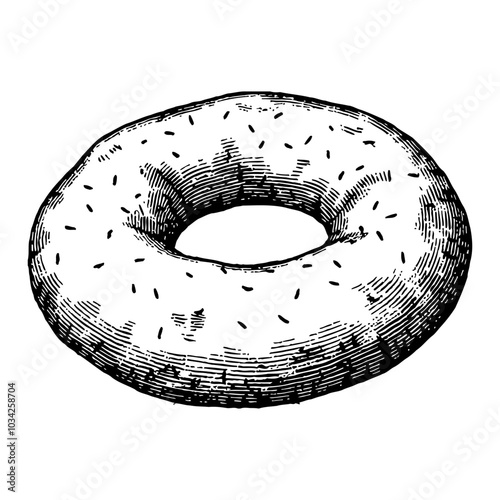 Detailed Bagel in Vintage Style Black and White Outline Line Art Drawing with Seed Detailing