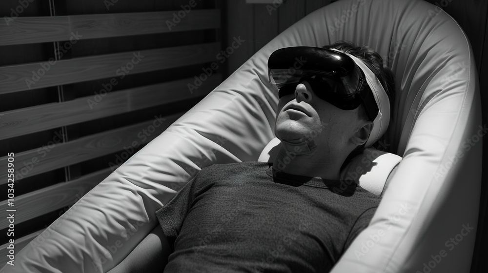 Obraz premium Sensory Deprivation Chamber: Participant Wearing Blindfold and Earplugs in a Tranquil Monochrome Room, Embracing Solitude and Serenity