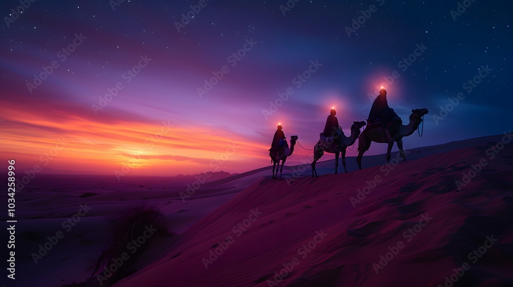 Silhouettes of astrologers on camels pointing toward a glowing star in the twilight sky, the horizon fading from orange to deep purple, soft light casting long shadows over the rolling dunes, Silhouettes of astrologers on camels pointing toward a glowing star in the twilight sky, the horizon fading from orange to deep purple, soft light casting long shadows over the rolling dunes,