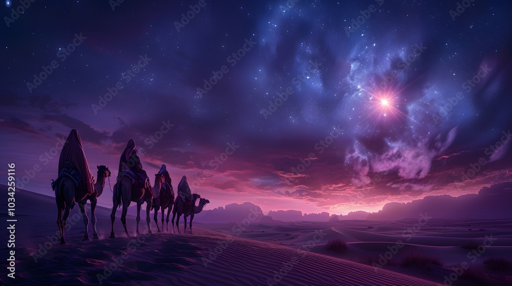 Naklejka premium Silhouettes of astrologers on camels, the radiant eastern star glowing brightly in the night sky, soft light outlining their figures,