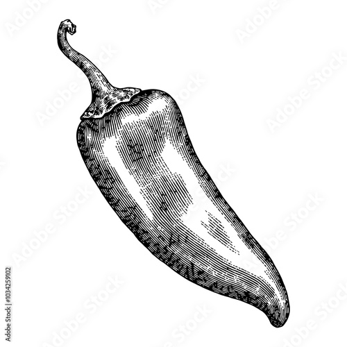 Chilli Pepper in Vintage Black and White Outline Line Art Drawing with Detailed Engraving
