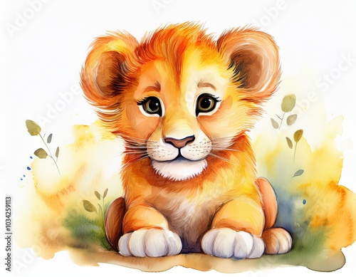 Watercolor illustration of a cute baby lion on a white background, showcasing its playful and endearing features. photo