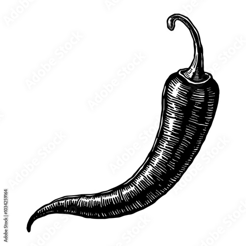 Chilli Pepper in Retro Black and White Outline Line Art Drawing with Detailed Sketch Style
