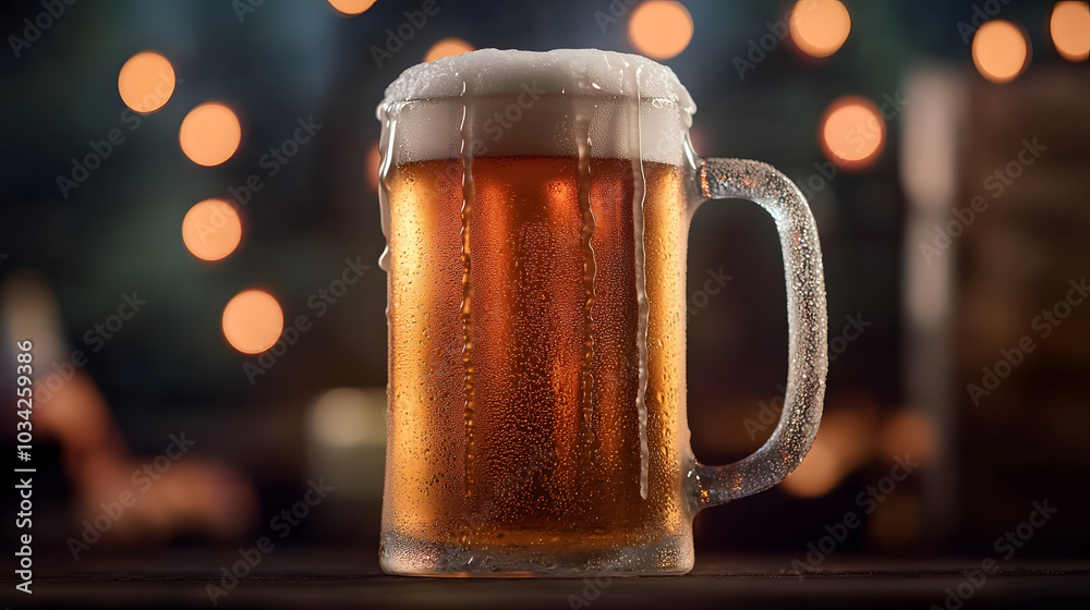 Cold Beer Mug with Frothy Head in Bar Setting Cold Beer Mug with Frothy Head in Bar Setting