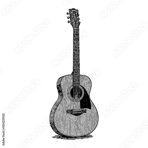 Classic Guitar in Vintage Style Black and White Outline Line Art Drawing Front View Detailed
