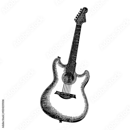 Classic Guitar in Detailed Black and White Outline Line Art Drawing with Vintage Style