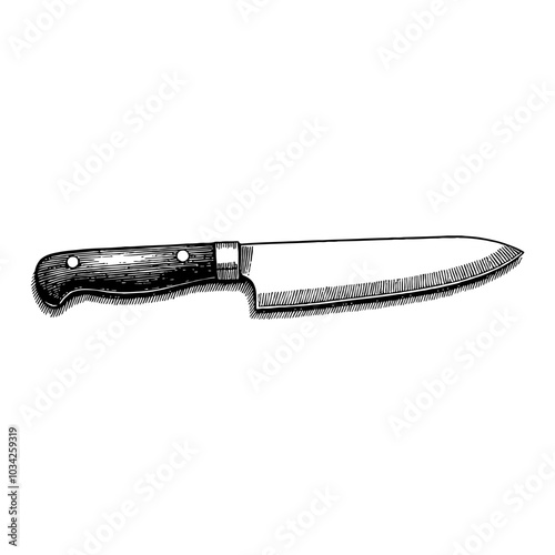 Cooking Knife Detailed Black and White Outline Line Art Drawing with Wooden Handle Design
