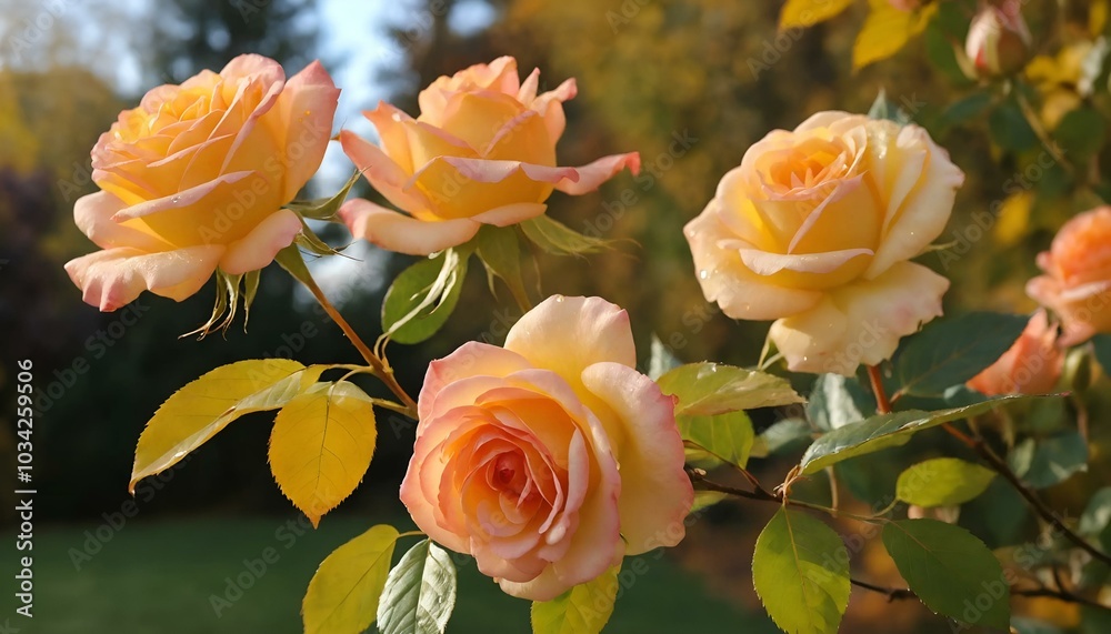Delicate close-up of blooming yellow-orange roses with green leaves in garden
Delicate close-up of blooming yellow-orange roses with green leaves in garden