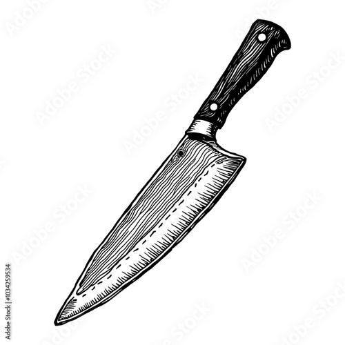 Cooking Knife in Detailed Black and White Outline Line Art Drawing with Classic Handle Design