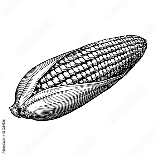 Corn on the Cob in Detailed Black and White Outline Line Art Drawing with Husk and Kernels Exposed