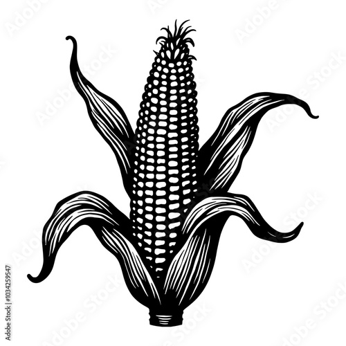 Corn Cob with Husk in Vintage Black and White Outline Line Art Drawing Detailed Illustration