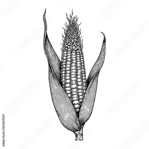 Corn on the Cob with Intricate Details in Black and White Outline Line Art Drawing