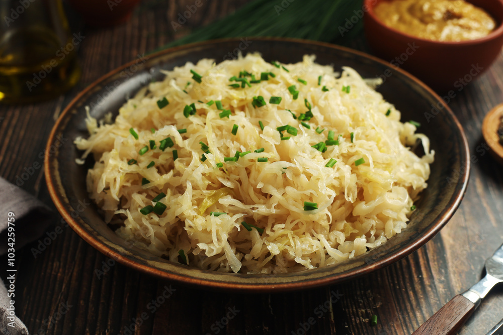 A bowl with traditional German Sauerkraut served in rustic style A bowl with traditional German Sauerkraut served in rustic style