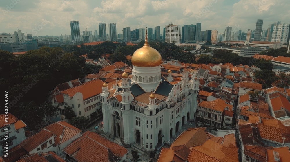 Obraz premium Majestic view of the Sultan Mosque with its golden dome shining in the Kampong Glam neighborhood.