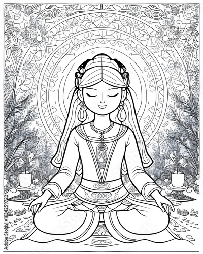 Girl meditating in lotus position. Coloring book page for adults.