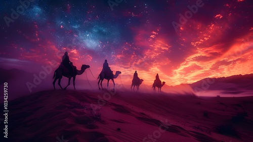 Silhouettes of three astrologers on camels at dusk, the sky turning deep orange and purple, the desert sands glowing with the last light of day, a soft, ethereal glow surrounding the horizon,